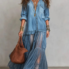 Women's Casual Maxi Dress | Lapel Collar Long Sleeve Denim Organza