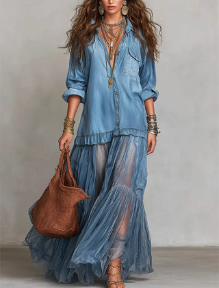 Women's Casual Maxi Dress | Lapel Collar Long Sleeve Denim Organza