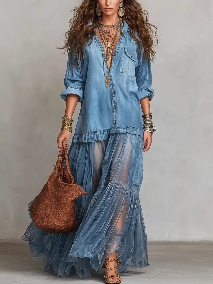 Women's Casual Maxi Dress | Lapel Collar Long Sleeve Denim Organza