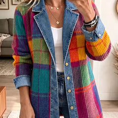 Women's Denim Jacket | Plaid Knit Relaxed Fit Button Front