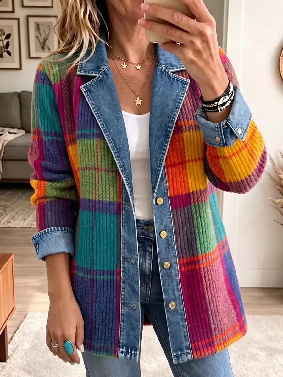 Women's Denim Jacket | Plaid Knit Relaxed Fit Button Front