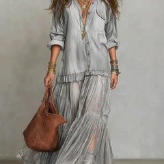 Women's Casual Maxi Dress | Lapel Collar Long Sleeve Denim Organza