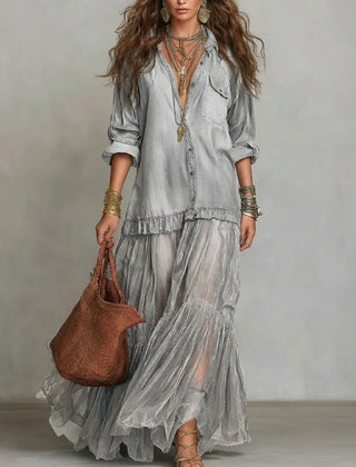 Women's Casual Maxi Dress | Lapel Collar Long Sleeve Denim Organza