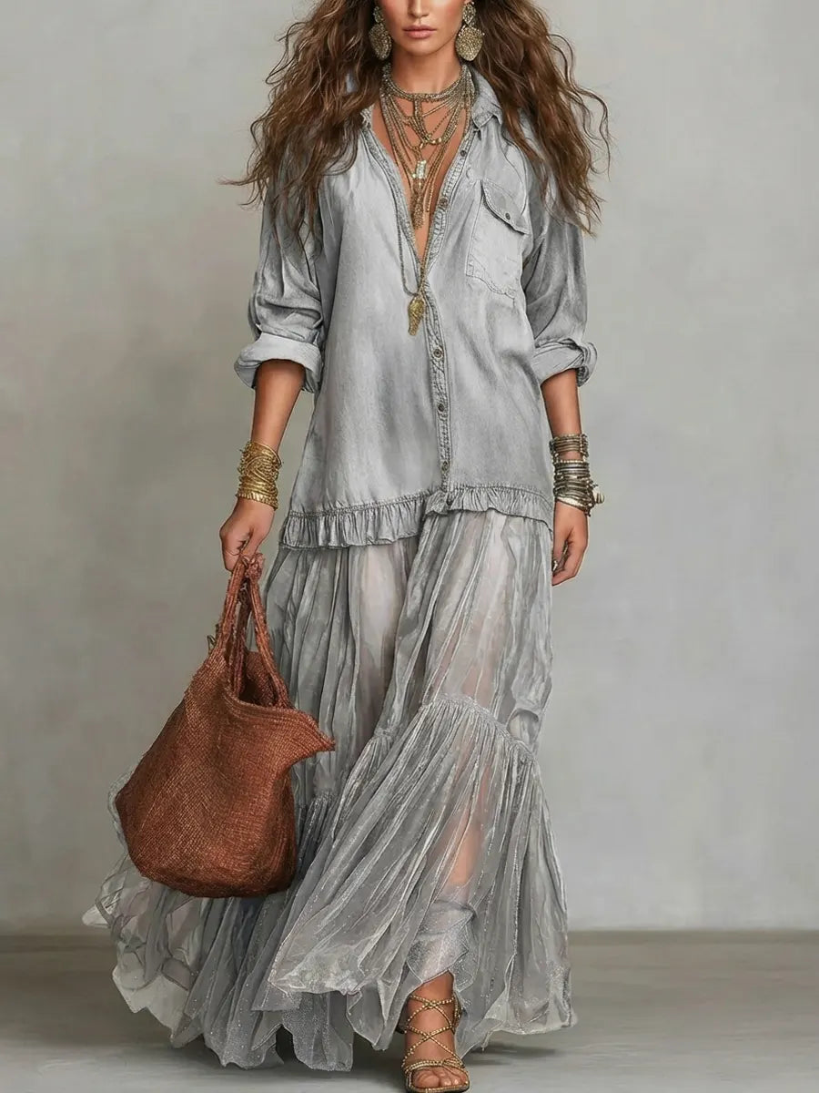 Women's Casual Maxi Dress | Lapel Collar Long Sleeve Denim Organza