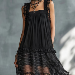 Women's Polka Dot Mini Dress | Square Neckline Lace Sleeveless Chiffon