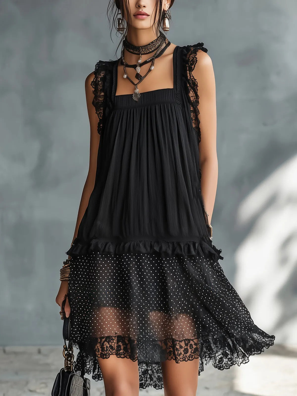 Women's Polka Dot Mini Dress | Square Neckline Lace Sleeveless Chiffon