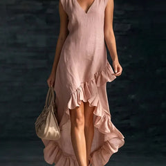 Women's Cotton Maxi Dress | V-Neck Sleeveless Ruffled Hem
