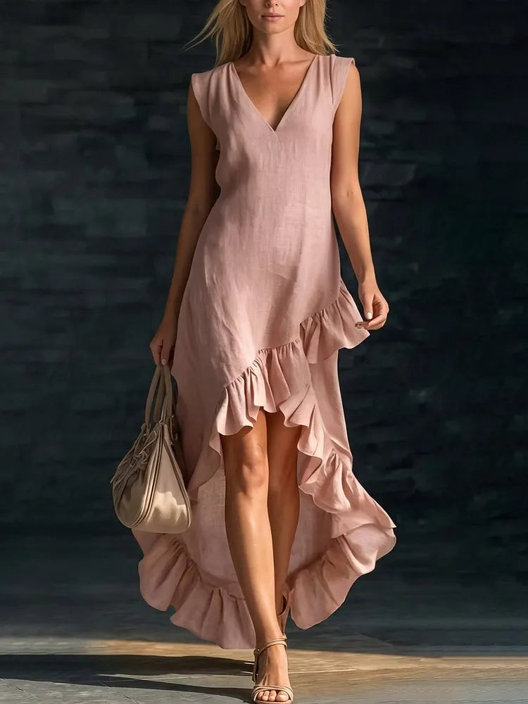 Women's Cotton Maxi Dress | V-Neck Sleeveless Ruffled Hem
