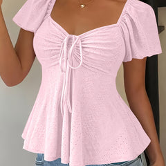 Women's Peplum Top | Sweetheart Neckline Flutter Sleeve Tie Closure
