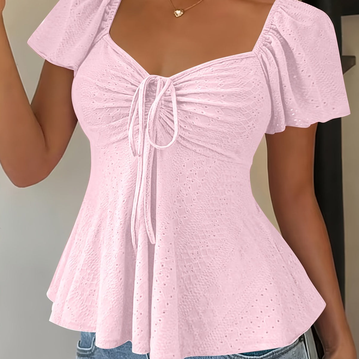 Women's Peplum Top | Sweetheart Neckline Flutter Sleeve Tie Closure
