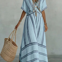 Women's Short Sleeve Dress | V-Neck Striped Linen Maxi