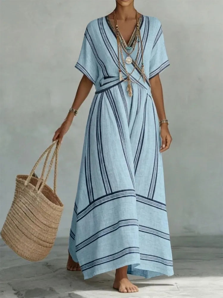 Women's Short Sleeve Dress | V-Neck Striped Linen Maxi