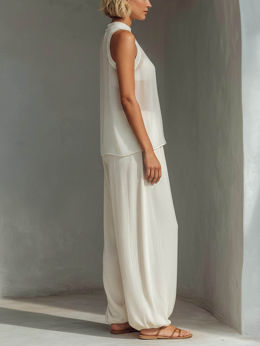Women's Linen Pants | Wide Leg Drawstring Crew Neck Sleeveless