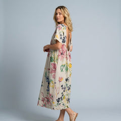 Women's Beach Cover Dress | Maxi Round Neck Short Sleeve Linen Blend