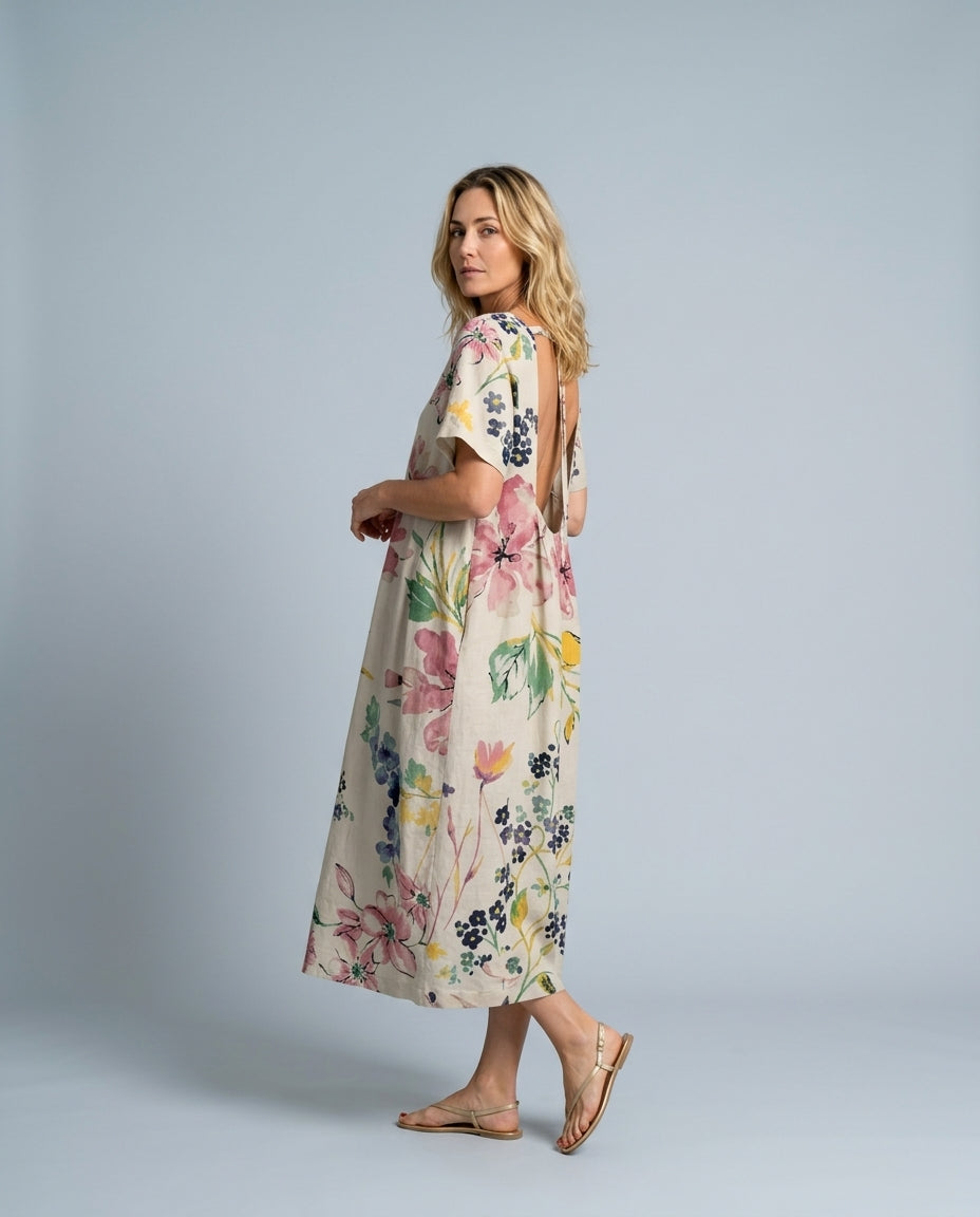 Women's Beach Cover Dress | Maxi Round Neck Short Sleeve Linen Blend