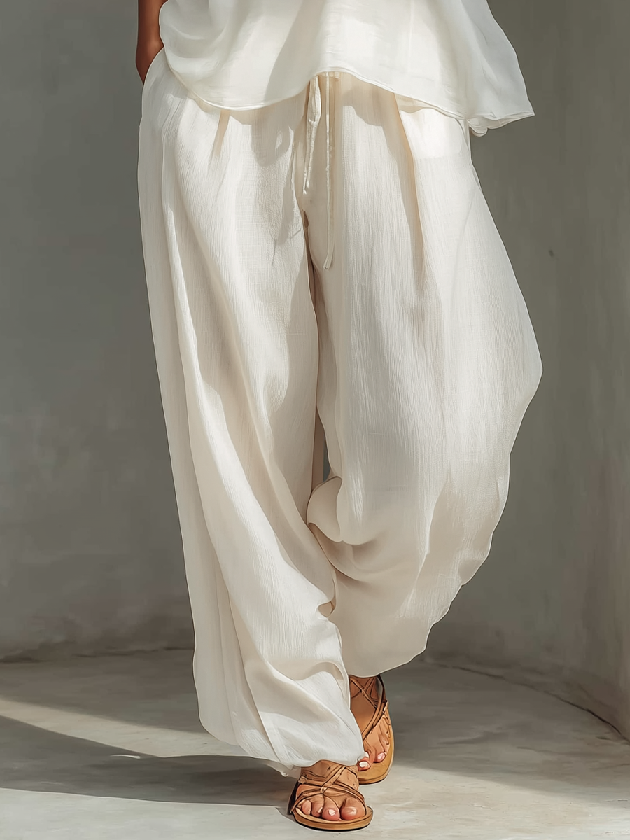 Women's Linen Pants | Wide Leg Drawstring Crew Neck Sleeveless