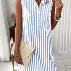 Women's Shirt Dress | V-Neck Sleeveless Mini Striped Button-Front