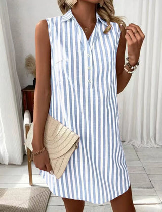 Women's Shirt Dress | V-Neck Sleeveless Mini Striped Button-Front