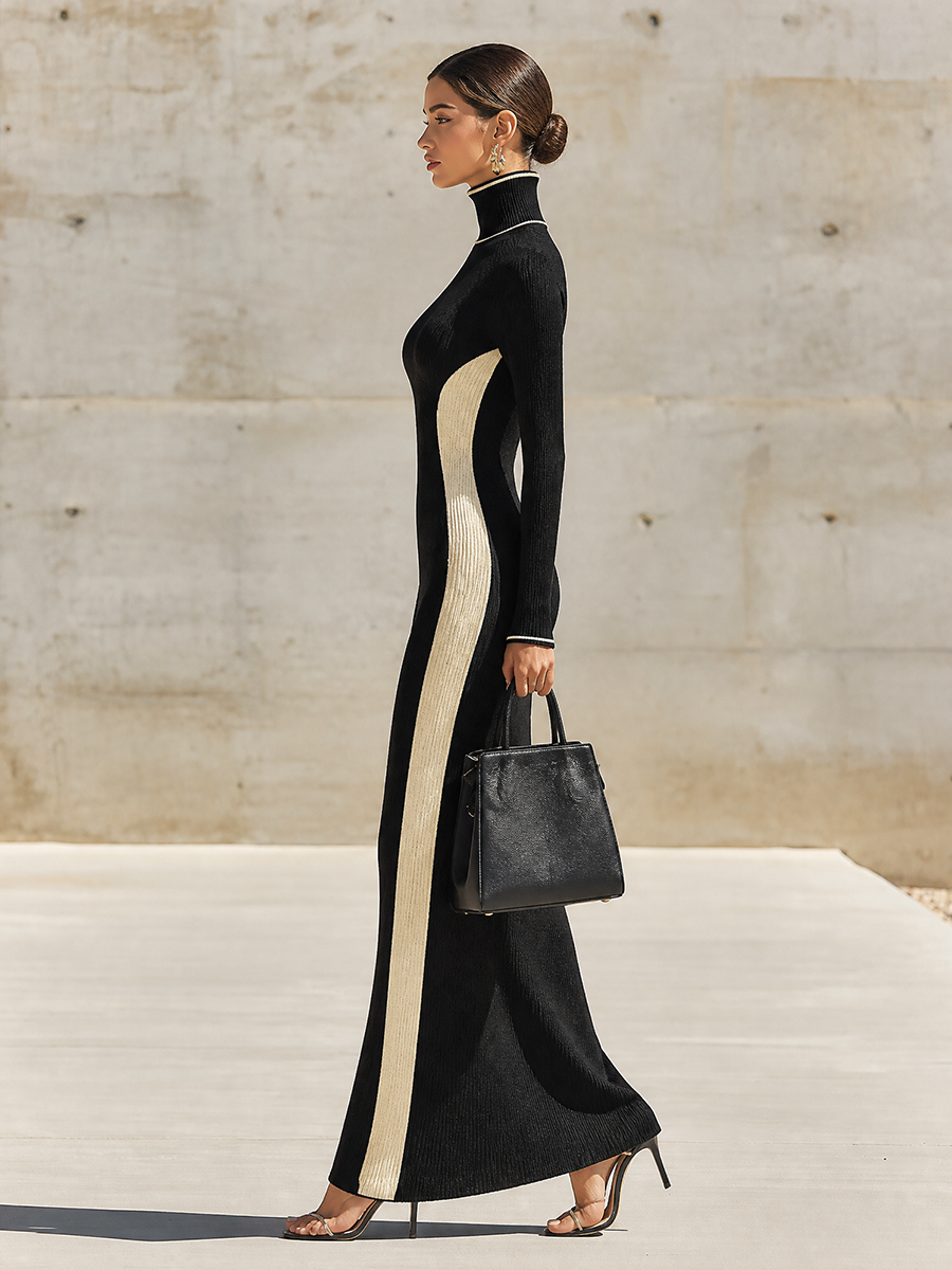 Women's High Neck Dress | Maxi Length Turtleneck Long Sleeve Knit
