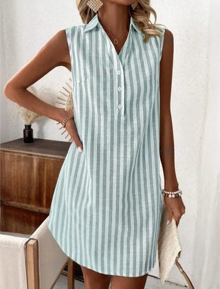 Women's Shirt Dress | V-Neck Sleeveless Mini Striped Button-Front