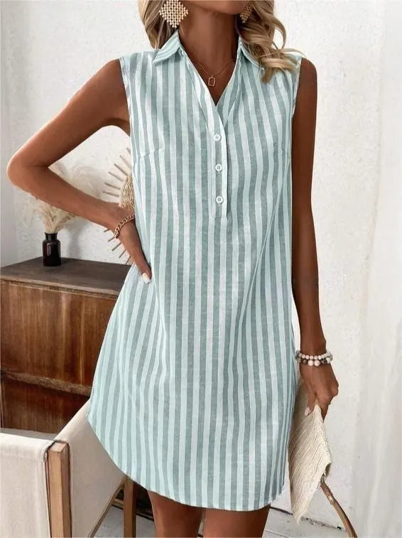 Women's Shirt Dress | V-Neck Sleeveless Mini Striped Button-Front
