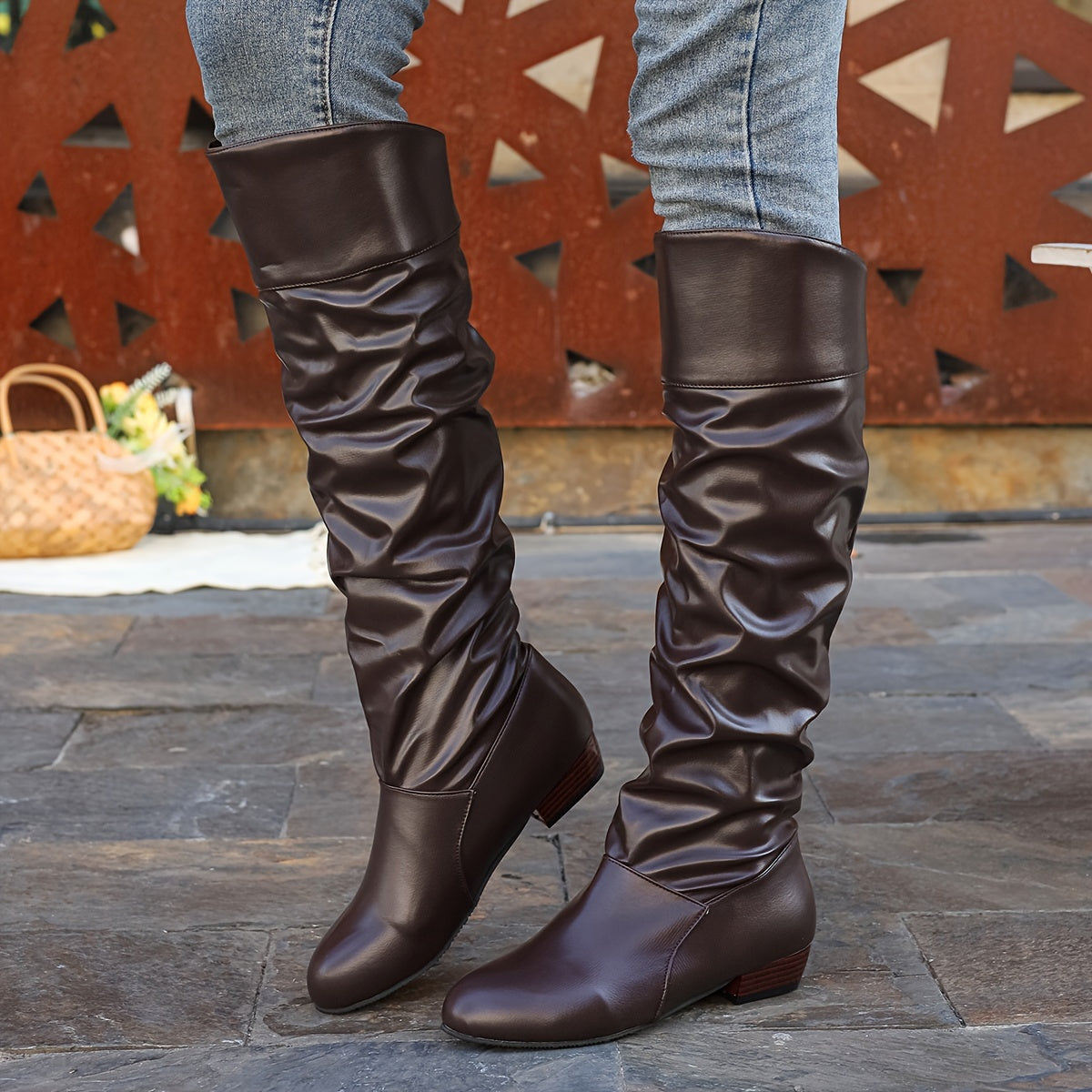 Women's Slouch Boots | Knee High Rounded Toe Low Heel