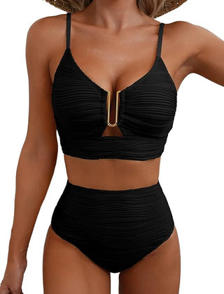 Women's High Waisted Bikini | V-Neck Adjustable Straps Supportive