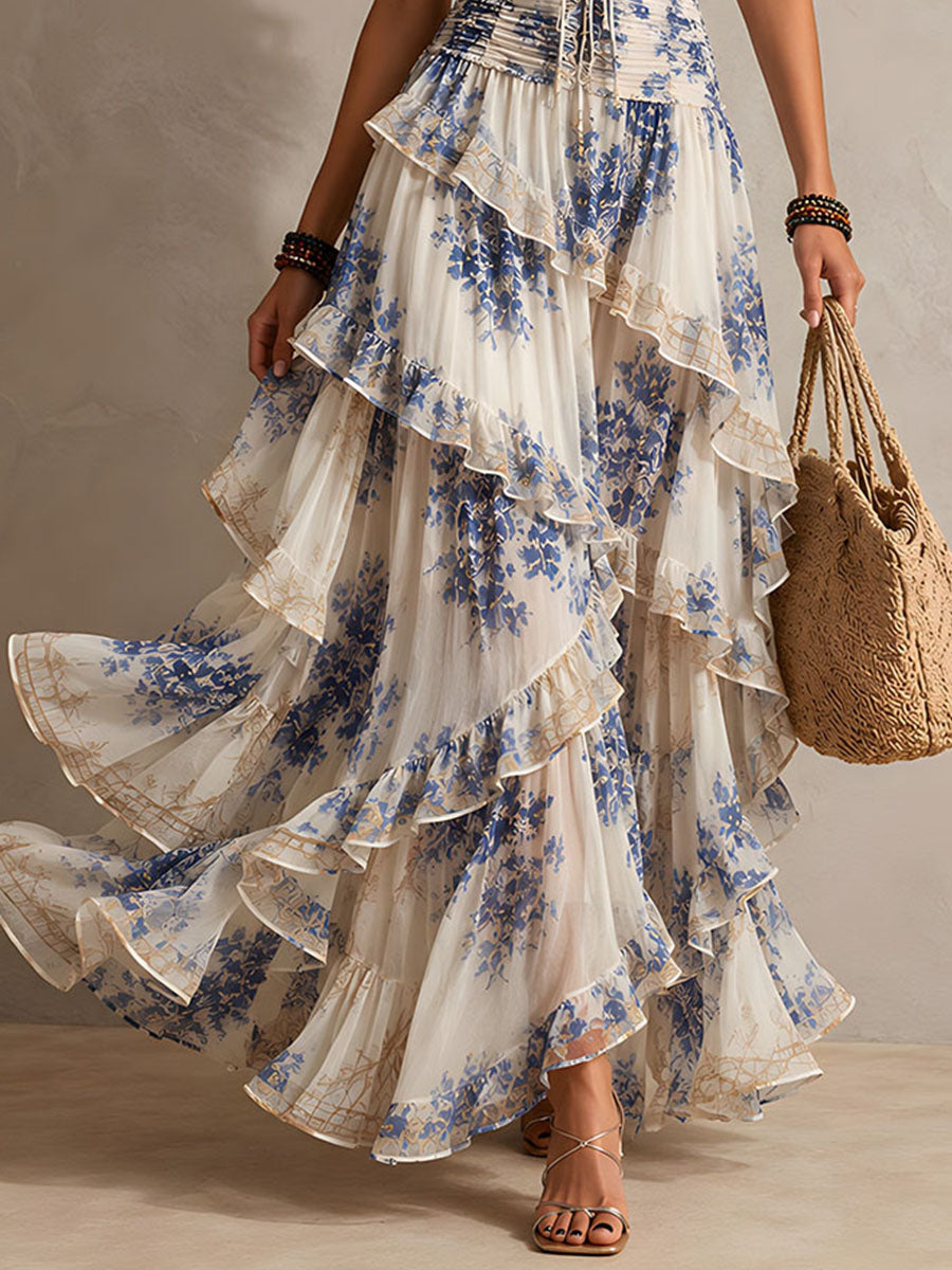 Women's Halterneck Dress | Maxi Ruffled Floral Tie Closure