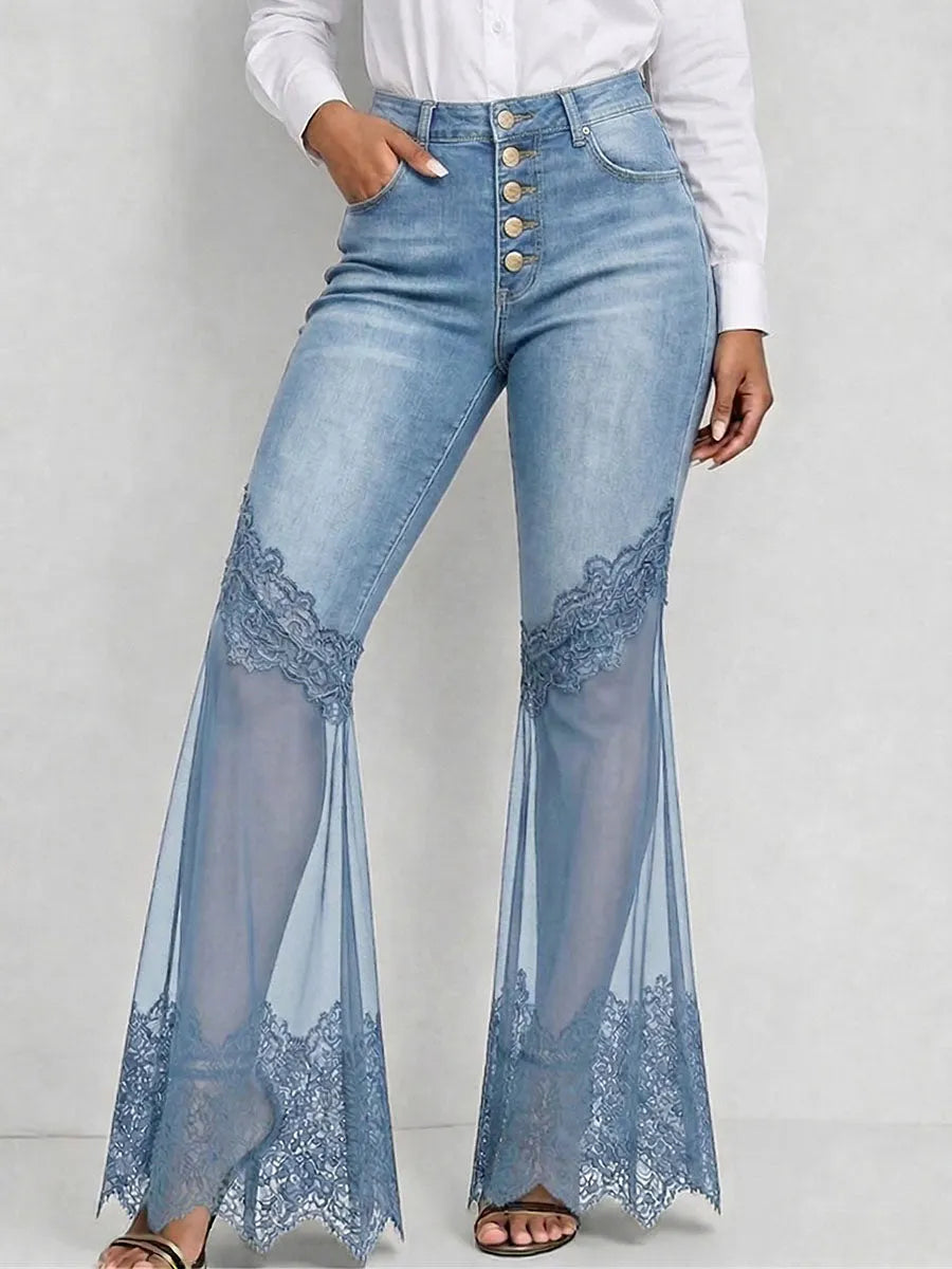 Women's Lace Pants | High-Waisted Wide-Leg Denim Zipper