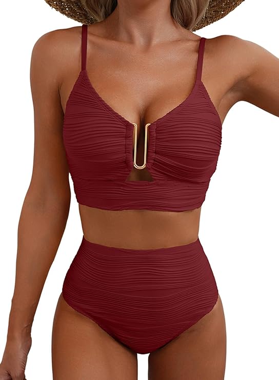 Women's High Waisted Bikini | V-Neck Adjustable Straps Supportive