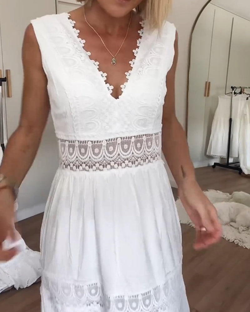 Women's Lace Dress | V-Neck Sleeveless Midi Lace Trim