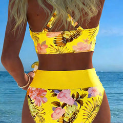 Women's High Waisted Bikini | Wrap V-Neck Floral Print Cut-Out