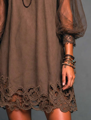 Women's Floral Mini Dress | Boat Neck Puff Sleeve Lace Mesh