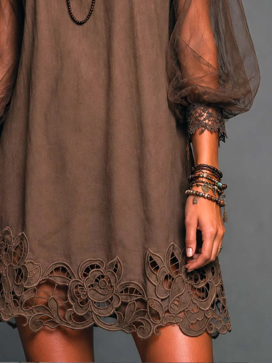 Women's Floral Mini Dress | Boat Neck Puff Sleeve Lace Mesh