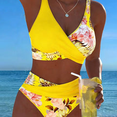 Women's High Waisted Bikini | Wrap V-Neck Floral Print Cut-Out