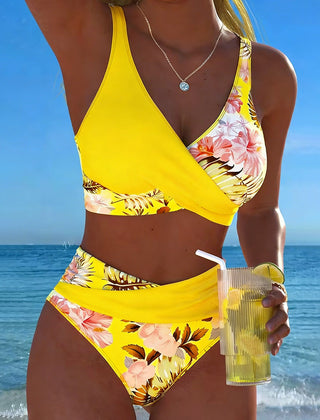 Women's High Waisted Bikini | Wrap V-Neck Floral Print Cut-Out