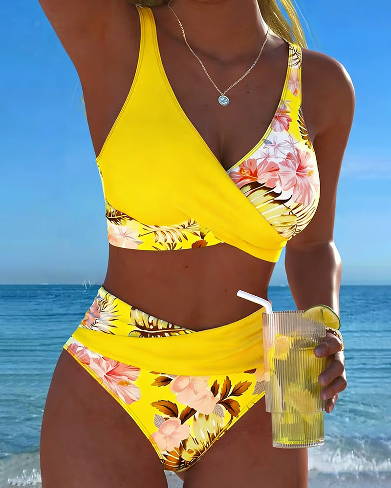 Women's High Waisted Bikini | Wrap V-Neck Floral Print Cut-Out
