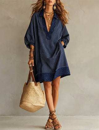 Women's Summer Dress | Midi Collar Puffed Sleeves Leopard Trim