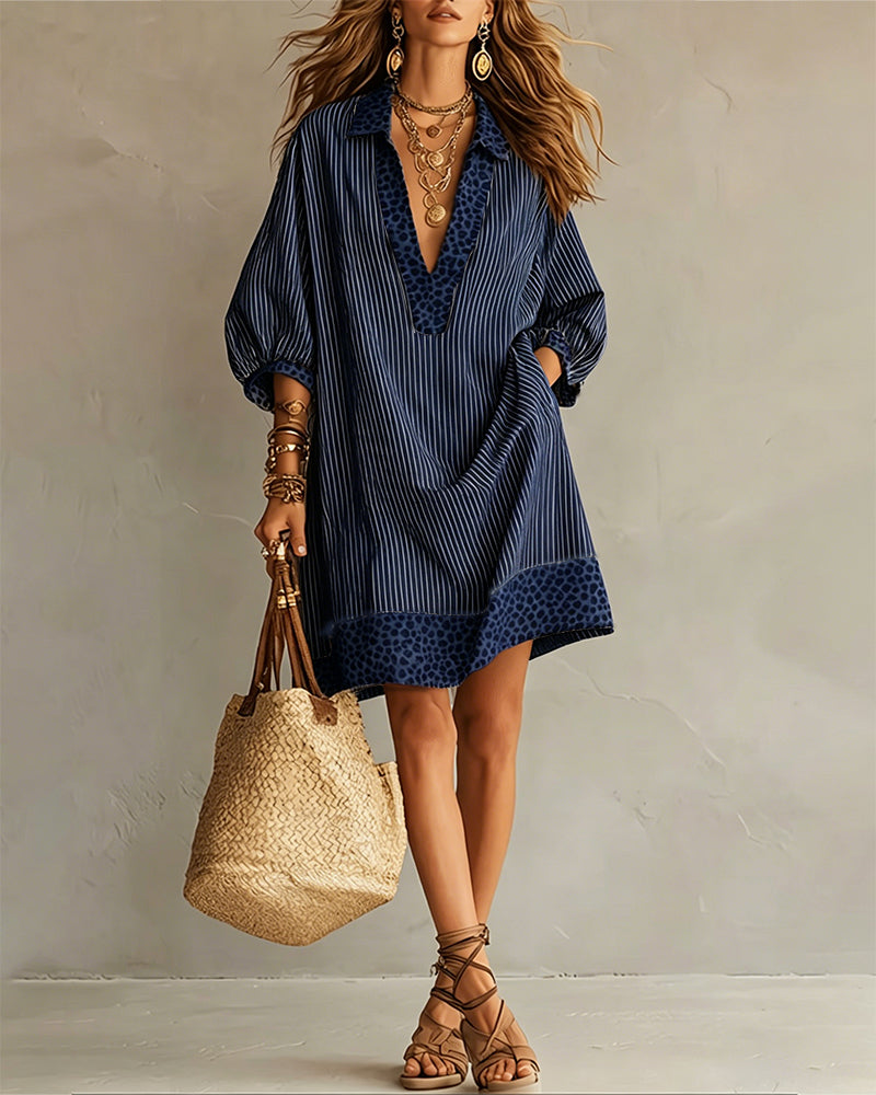 Women's Summer Dress | Midi Collar Puffed Sleeves Leopard Trim