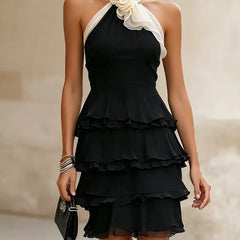 Women's Floral Mini Dress | Halter Neck Tiered Ruffle Chiffon