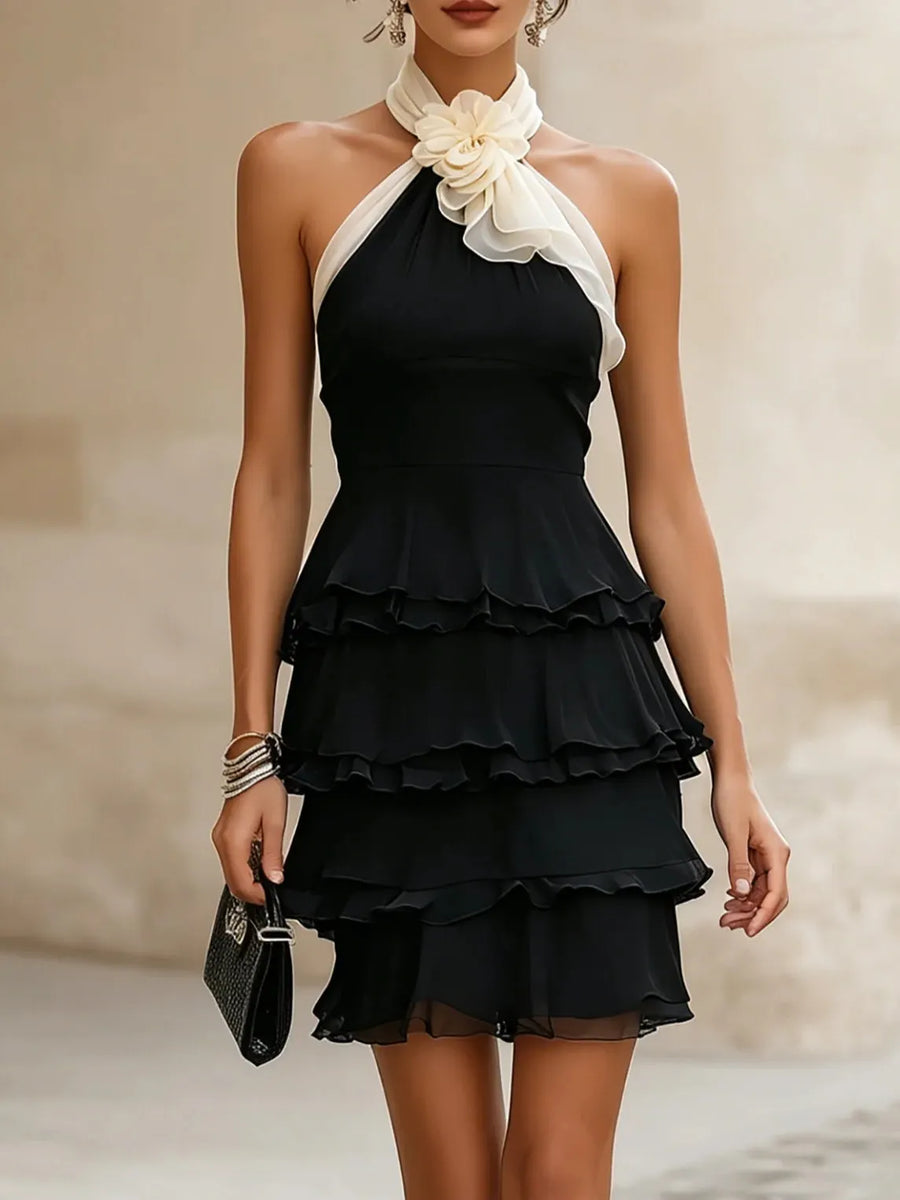 Women's Floral Mini Dress | Halter Neck Tiered Ruffle Chiffon