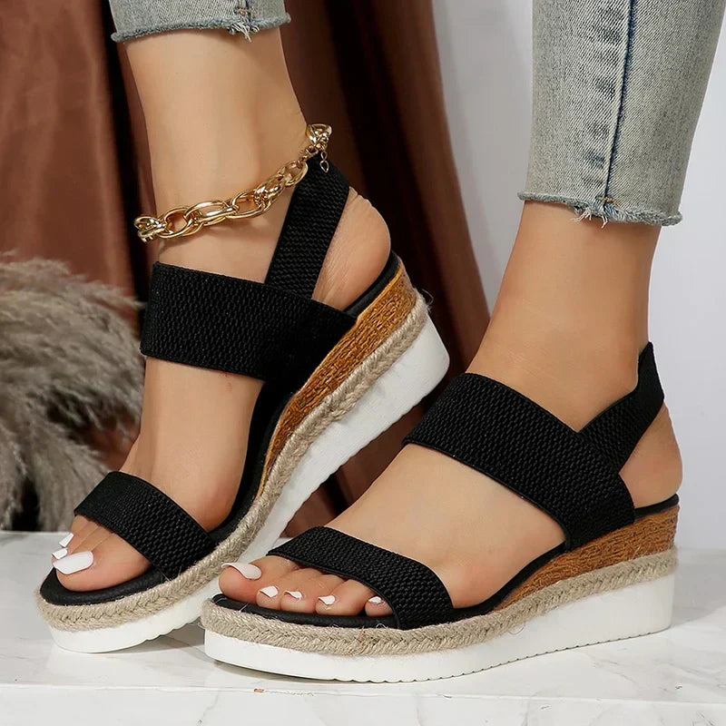 Women's Platform Slide | Open Toe Woven Knit Espadrille Sole