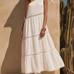 Women's Linen Maxi Dress | One-Shoulder Tie Tiered Linen