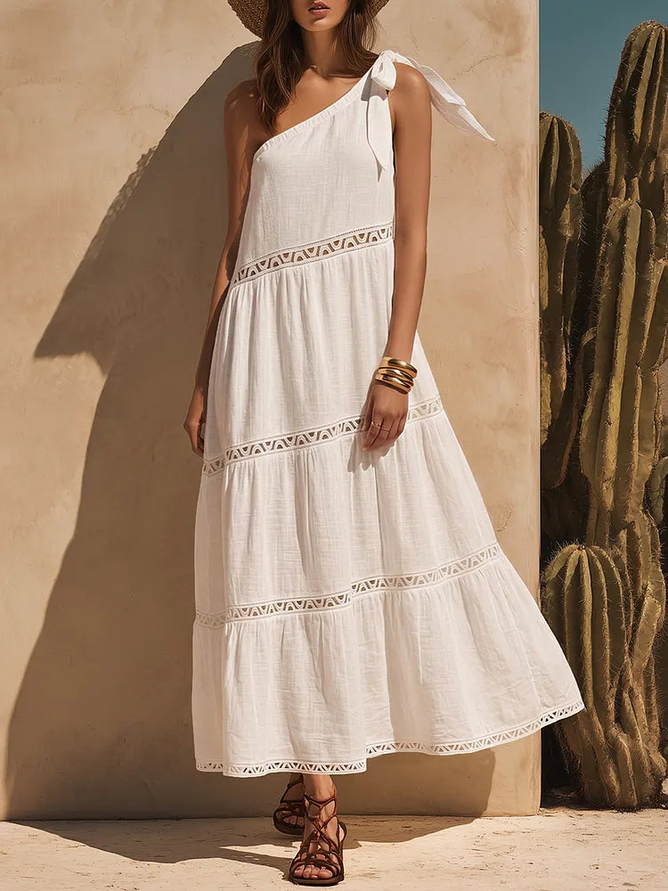 Women's Linen Maxi Dress | One-Shoulder Tie Tiered Linen