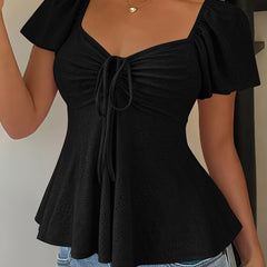 Women's Peplum Top | Sweetheart Neckline Flutter Sleeve Tie Closure