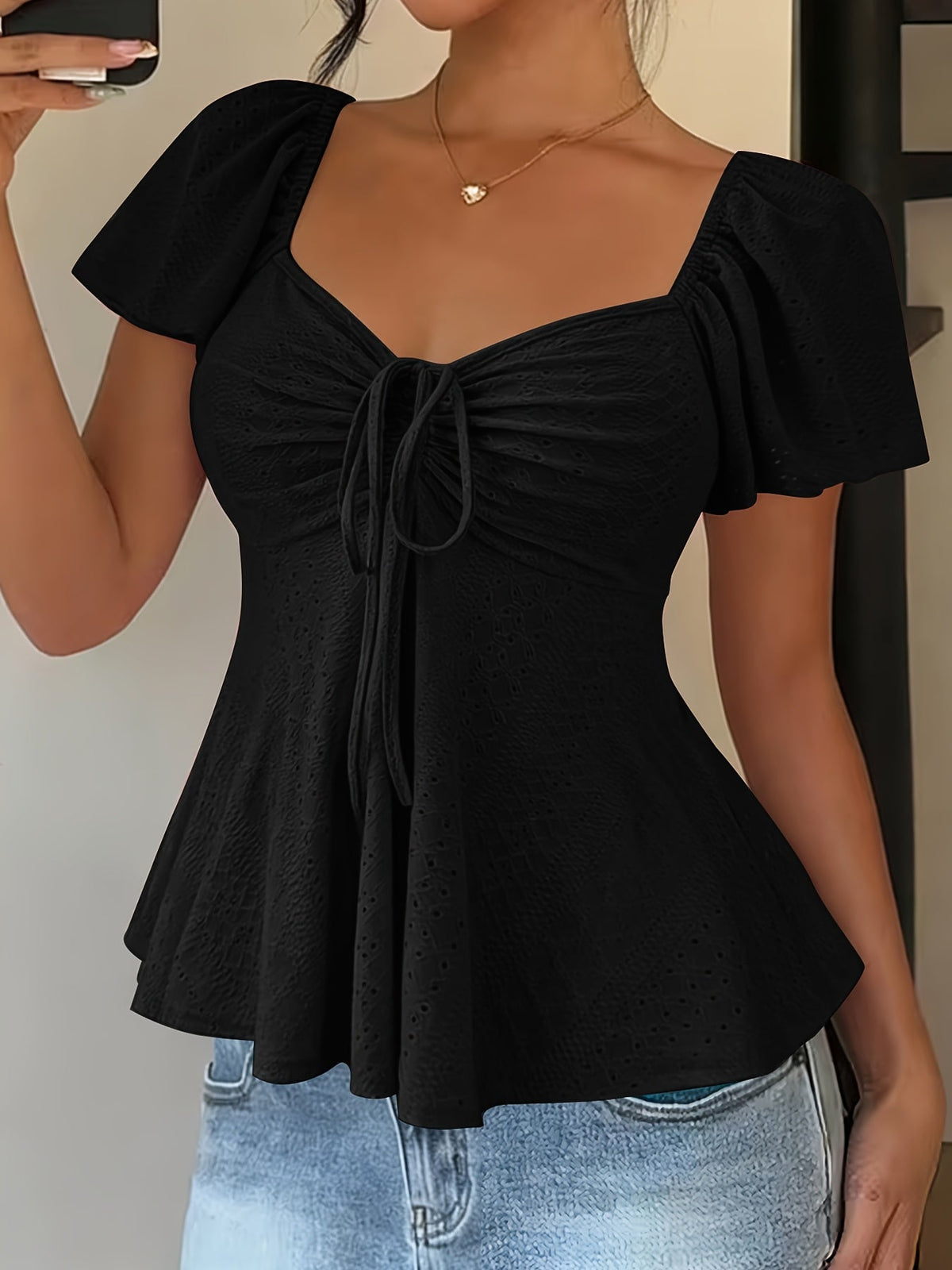 Women's Peplum Top | Sweetheart Neckline Flutter Sleeve Tie Closure