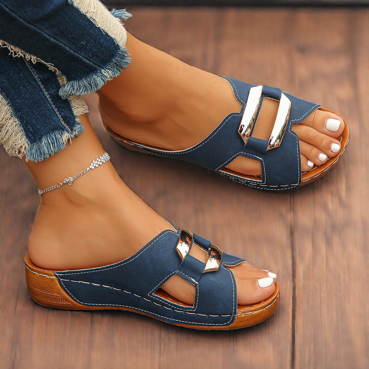 Women's Platform Slide | Open Toe Buckle Metallic Heel