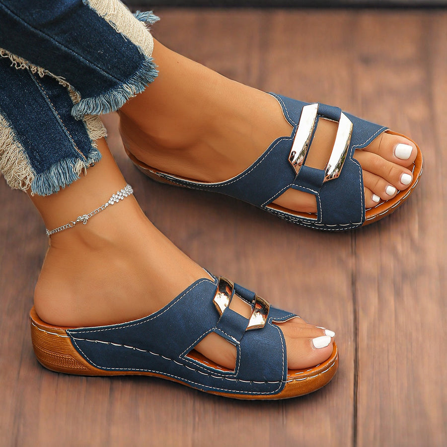 Women's Platform Slide | Open Toe Buckle Metallic Heel
