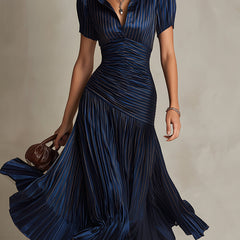Women's Silk Dress | Midi Length V-Neck Short Sleeve Pleated