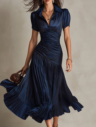 Women's Silk Dress | Midi Length V-Neck Short Sleeve Pleated